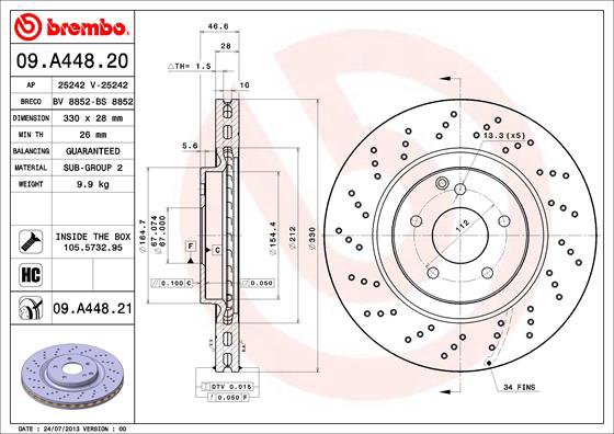 BREMBO brzdový kotúč 09.A448.21, súprava 2 ks