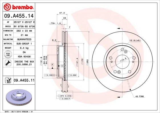BREMBO brzdový kotúč 09.A455.11, súprava 2 ks