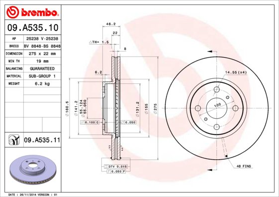 BREMBO brzdový kotúč 09.A535.11, súprava 2 ks