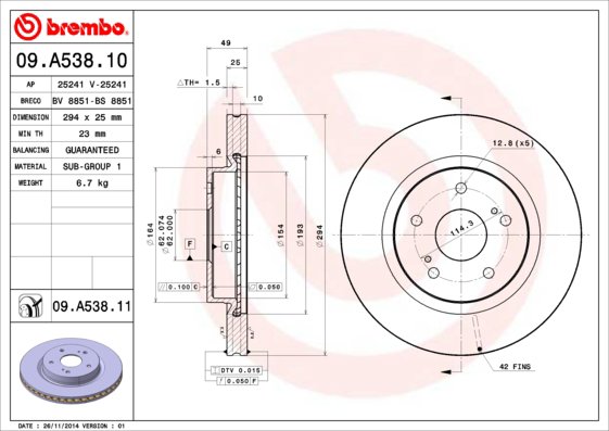 BREMBO brzdový kotúč 09.A538.11, súprava 2 ks