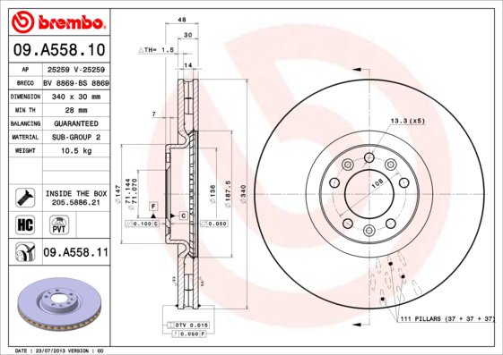 BREMBO brzdový kotúč 09.A558.11, sada 2 ks