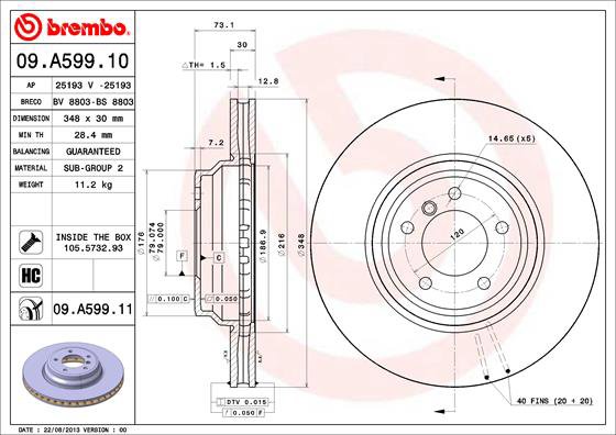 BREMBO brzdový kotúč 09.A599.11, sada 2 ks
