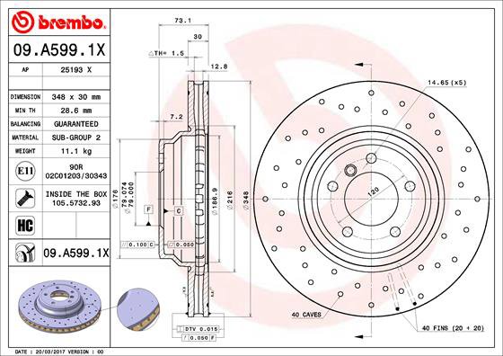 BREMBO brzdový kotúč 09.A599.1X, súprava 2 ks