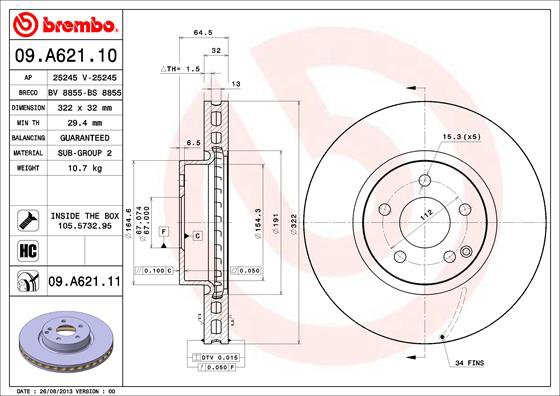 BREMBO brzdový kotúč 09.A621.11, súprava 2 ks