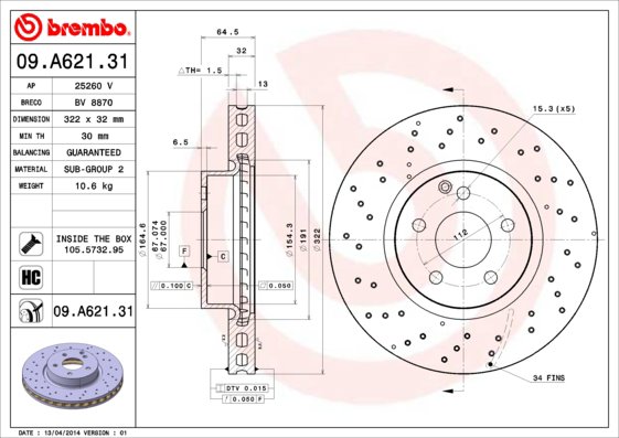 BREMBO brzdový kotúč 09.A621.31, sada 2 ks