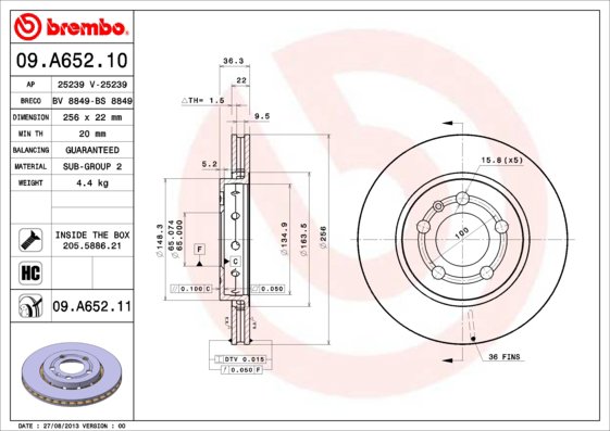 BREMBO brzdový kotúč 09.A652.11, súprava 2 ks