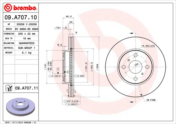BREMBO brzdový kotúč 09.A707.11, súprava 2 ks