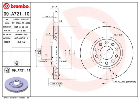 BREMBO brzdový kotúč 09.A721.11, sada 2 ks