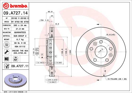 BREMBO brzdový kotúč 09.A727.11, súprava 2 ks