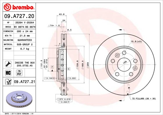BREMBO brzdový kotúč 09.A727.21, súprava 2 ks