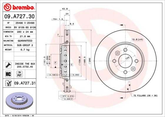 BREMBO brzdový kotúč 09.A727.31, súprava 2 ks