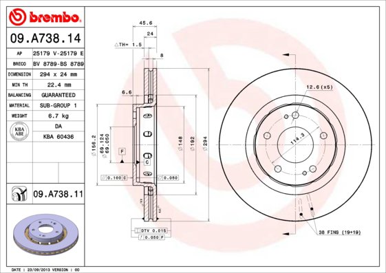 BREMBO brzdový kotúč 09.A738.11, súprava 2 ks