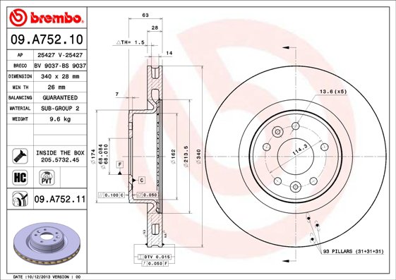 BREMBO brzdový kotúč 09.A752.11, súprava 2 ks