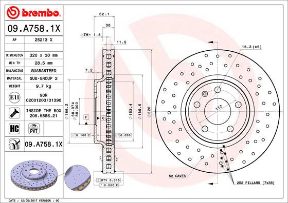 BREMBO brzdový kotúč 09.A758.1X, súprava 2 ks