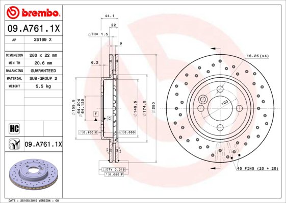BREMBO brzdový kotúč 09.A761.1X, súprava 2 ks