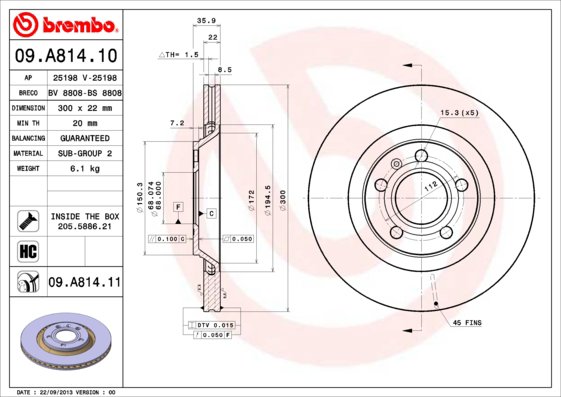 BREMBO brzdový kotúč 09.A814.11, súprava 2 ks