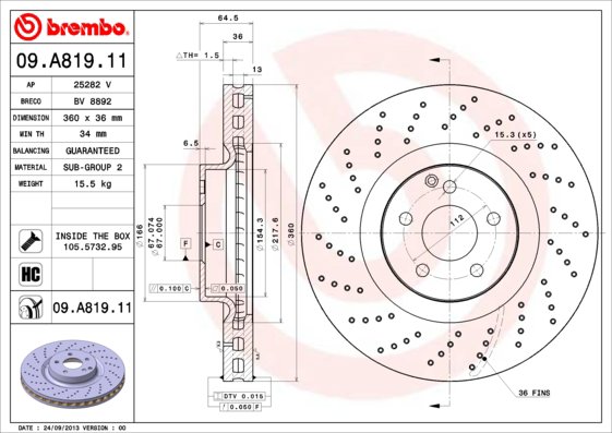 BREMBO brzdový kotúč 09.A819.11, súprava 2 ks