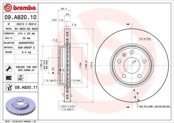 BREMBO brzdový kotúč 09.A820.11, súprava 2 ks