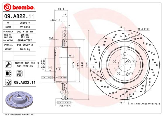 BREMBO brzdový kotúč 09.A822.11, súprava 2 ks