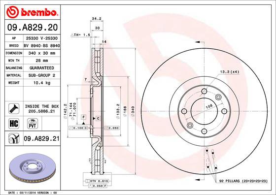 BREMBO brzdový kotúč 09.A829.21, súprava 2 ks