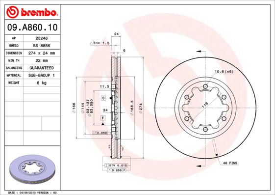 BREMBO brzdový kotúč 09.A860.10, súprava 2 ks