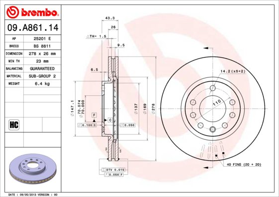BREMBO brzdový kotúč 09.A861.14, súprava 2 ks