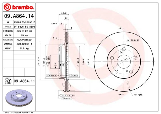 BREMBO brzdový kotúč 09.A864.11, súprava 2 ks