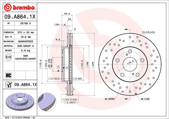 BREMBO brzdový kotúč 09.A864.1X, sada 2 ks