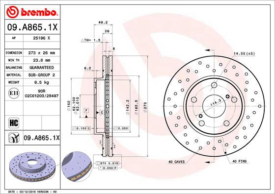 BREMBO brzdový kotúč 09.A865.1X, súprava 2 ks