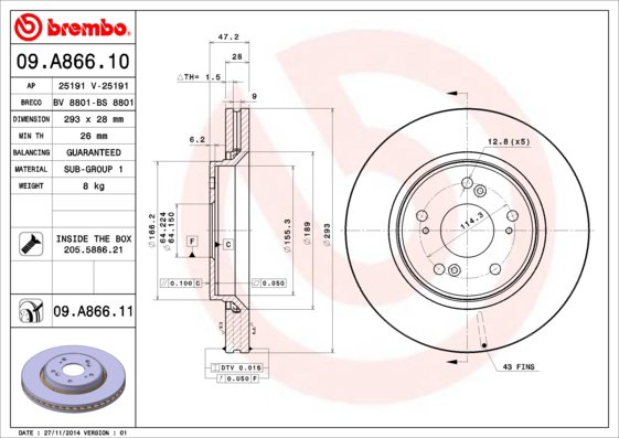BREMBO brzdový kotúč 09.A866.11, súprava 2 ks