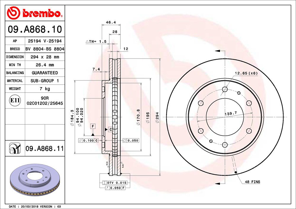 BREMBO brzdový kotúč 09.A868.11, sada 2 ks
