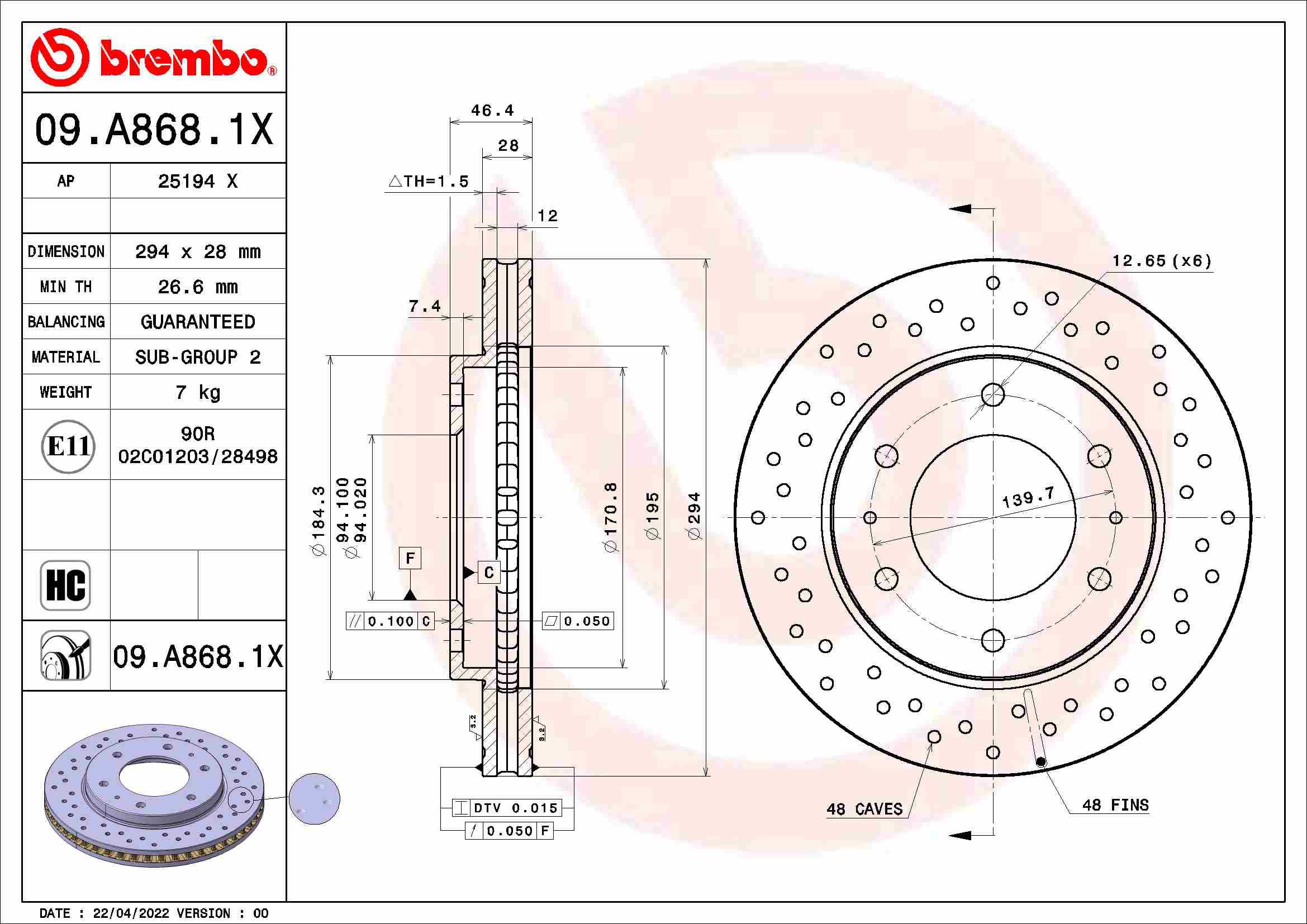 BREMBO brzdový kotúč 09.A868.1X, súprava 2 ks