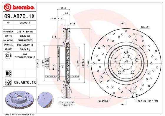 BREMBO brzdový kotúč 09.A870.1X, súprava 2 ks
