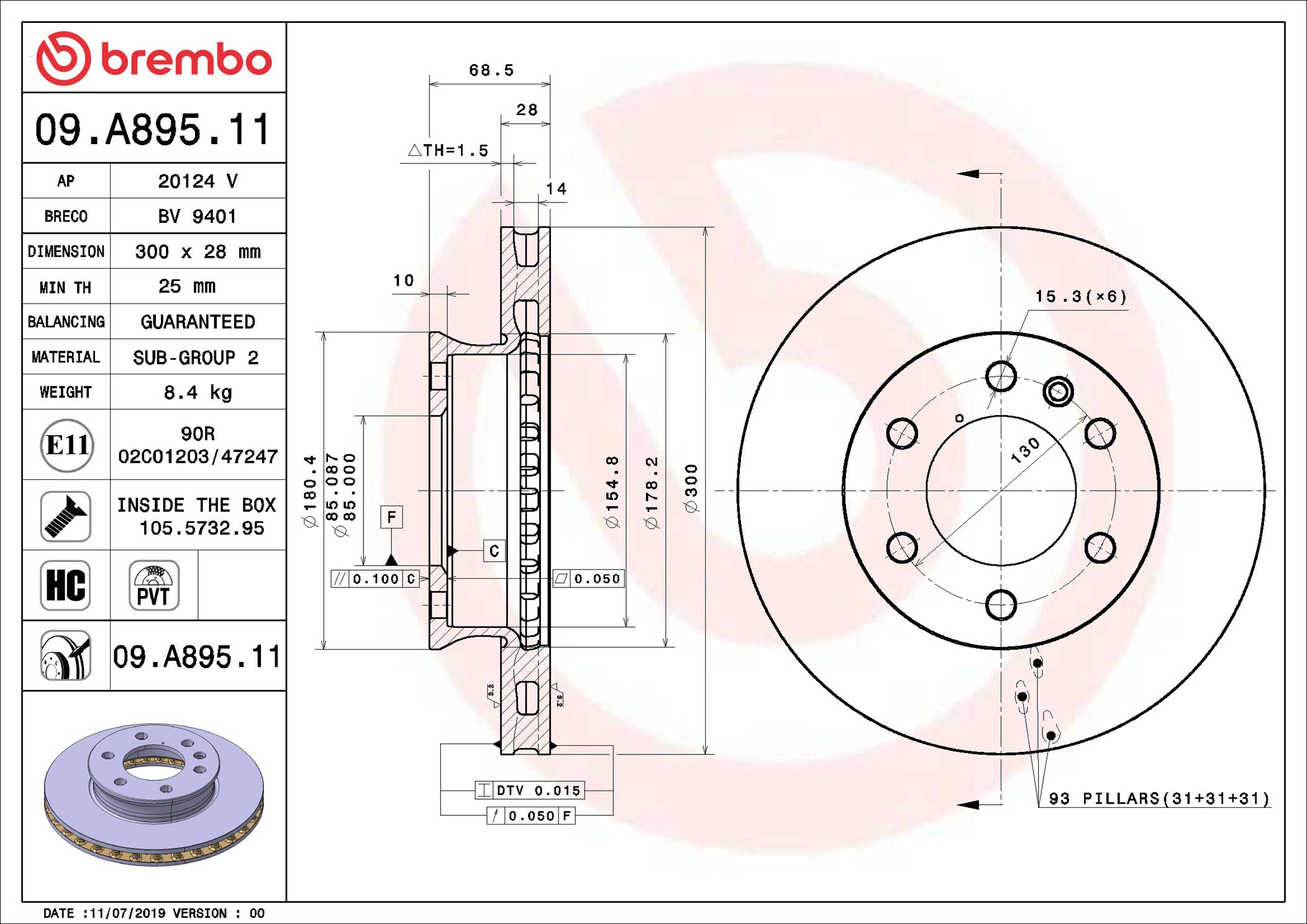BREMBO brzdový kotúč 09.A895.11, súprava 2 ks