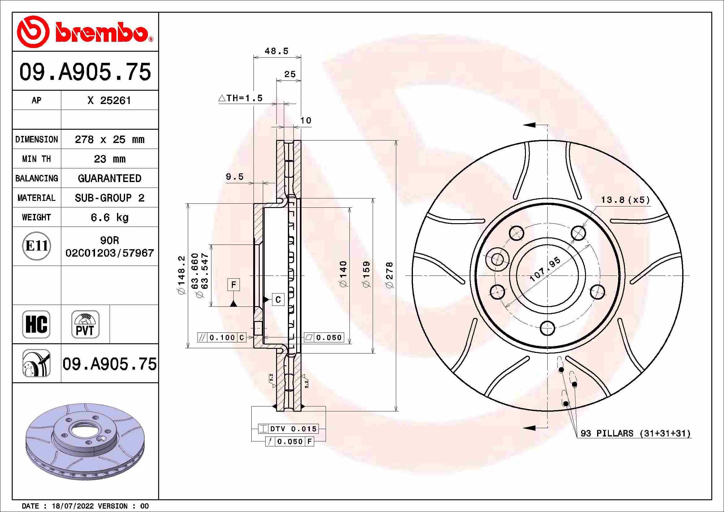 BREMBO brzdový kotúč 09.A905.75, súprava 2 ks