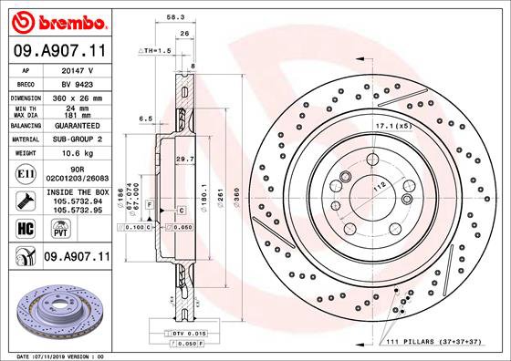BREMBO brzdový kotúč 09.A907.11, súprava 2 ks