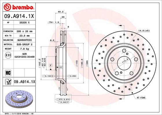 BREMBO brzdový kotúč 09.A914.1X, súprava 2 ks