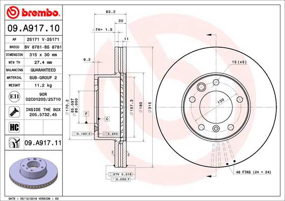BREMBO brzdový kotúč 09.A917.11, súprava 2 ks
