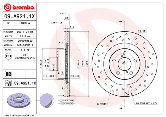 BREMBO brzdový kotúč 09.A921.1X, súprava 2 ks