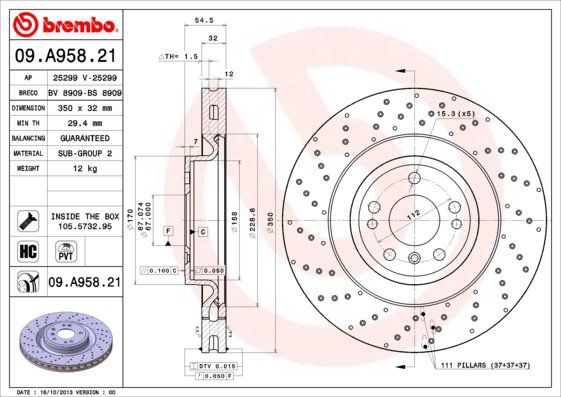BREMBO brzdový kotúč 09.A958.21, súprava 2 ks