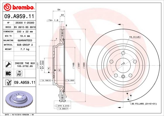 BREMBO brzdový kotúč 09.A959.11, sada 2 ks