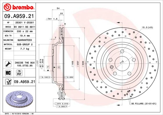 BREMBO brzdový kotúč 09.A959.21, súprava 2 ks