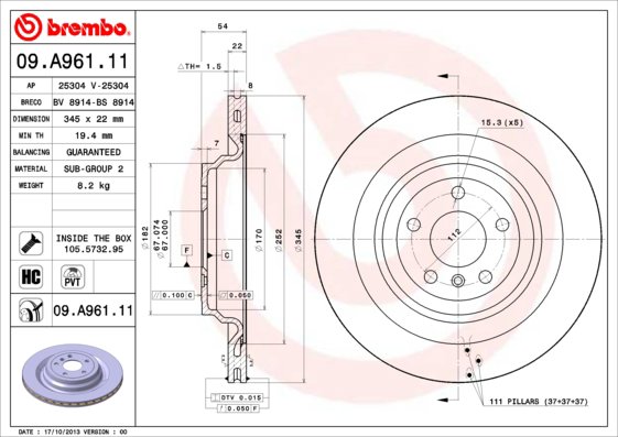 BREMBO brzdový kotúč 09.A961.11, sada 2 ks