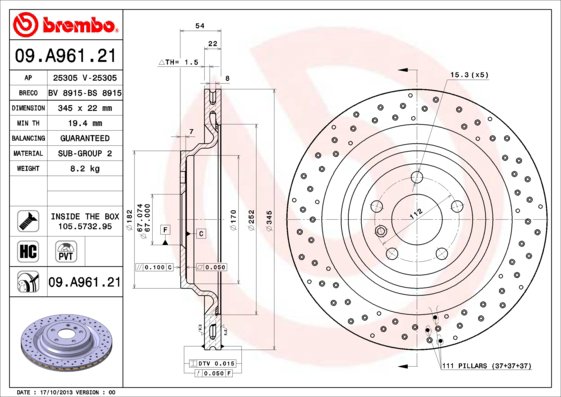 BREMBO brzdový kotúč 09.A961.21, súprava 2 ks