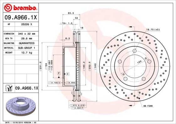 BREMBO brzdový kotúč 09.A966.1X, súprava 2 ks