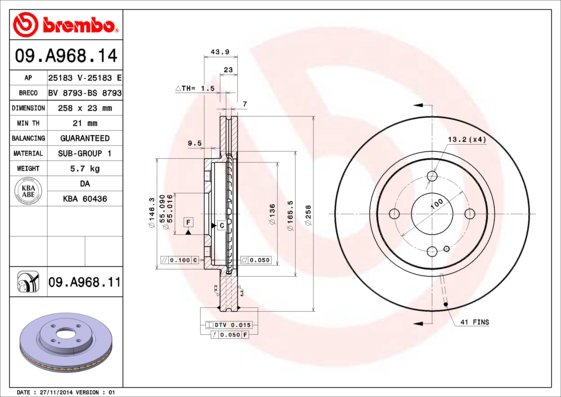 BREMBO brzdový kotúč 09.A968.11, súprava 2 ks