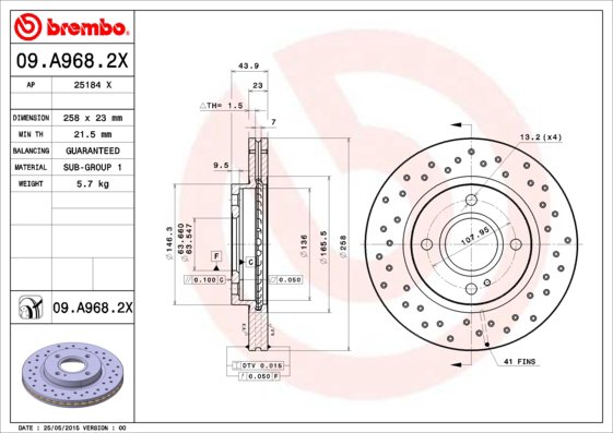 BREMBO brzdový kotúč 09.A968.2X, súprava 2 ks