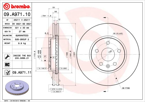 BREMBO brzdový kotúč 09.A971.11, súprava 2 ks