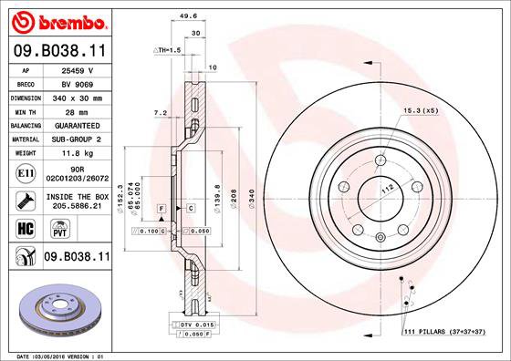 BREMBO brzdový kotúč 09.B038.11, sada 2 ks