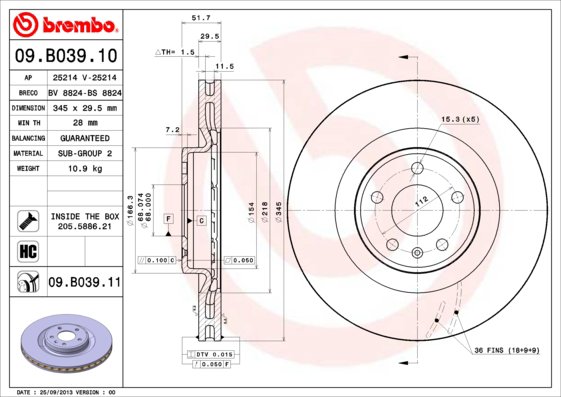 BREMBO brzdový kotúč 09.B039.11, sada 2 ks